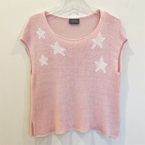 Wooden Ships Top Extra Small Pink White Stars Open Knit Cap Sleeve Boxy Beachy